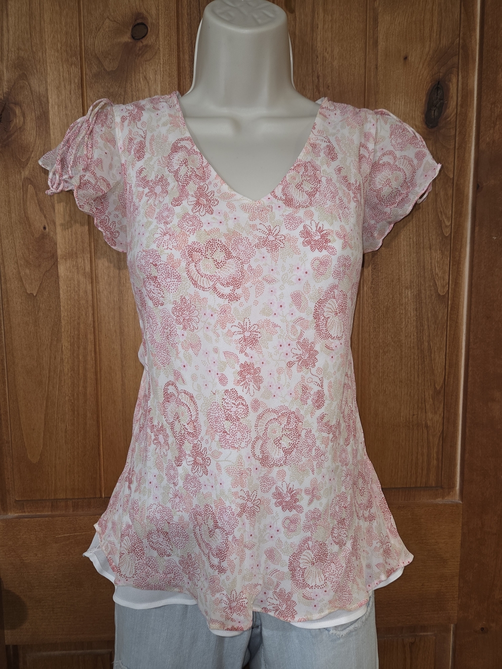 LOFT Pink Floral V-Neck‎ Flutter Sleeve Blouse